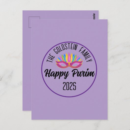 Lila Happy Purim Feather Mask Postkarte (Vorne/Hinten)