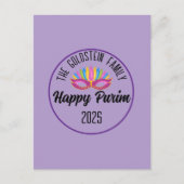 Lila Happy Purim Feather Mask Postkarte (Vorderseite)
