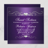 Lila Heart 16 . Geburtstag Geburtstagseinladung Einladung (Vorne/Hinten)