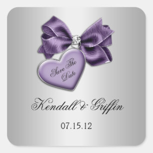 Lila Heart Bow Diamonds Silver Save the Date Quadratischer Aufkleber