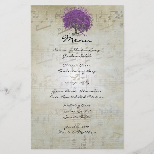 Lila Heart Leaf Tree Wedding Menü (Vorderseite)