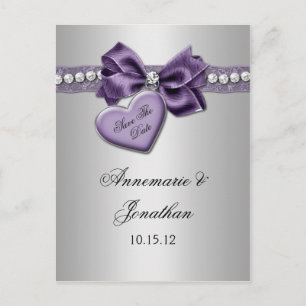 Lila Heart Ribbon Diamonds Silver Save the Date Ankündigungspostkarte