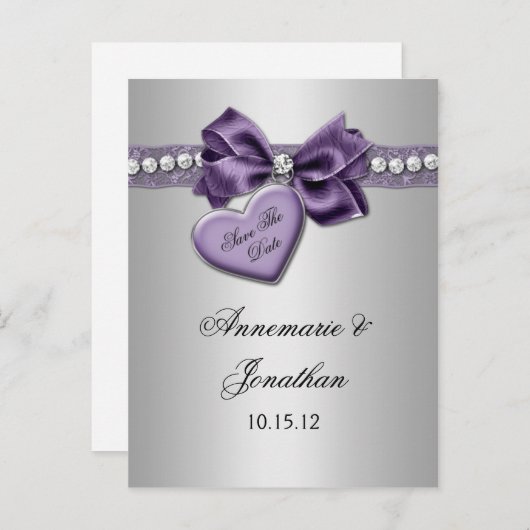 Lila Heart Ribbon Diamonds Silver Save the Date Ankündigungspostkarte (Vorne/Hinten)