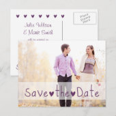 Lila Hearts Foto Save the Date Ankündigungspostkarte (Vorne/Hinten)