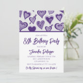 Lila Hearts Girly 86. Geburtstag Einladung (Stehend Vorderseite)