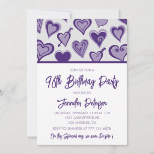 Lila Hearts Girly 96. Geburtstag Einladung