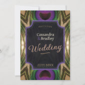 Lila Hearts Peacock Feathers Green Gold Glow Einladung (Vorderseite)