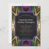 Lila Hearts Peacock Feathers Green Gold Glow Einladung (Rückseite)