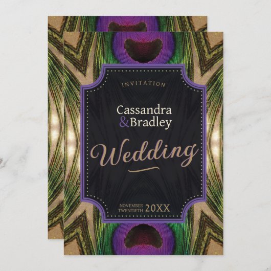 Lila Hearts Peacock Feathers Green Gold Glow Einladung (Vorne/Hinten)