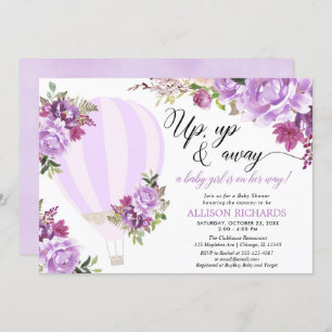 Lila Heißluftballon Blumenmädchen Babydusche Einladung