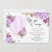 Lila Heißluftballon Blumenmädchen Geburtstagsparty Einladung (Vorderseite)