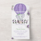 Lila Heißluftballon Elephant Babydusche All In One Einladung (Innen Boden)
