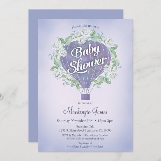 Lila Heißluftballon Kinderdusche Einladung (Vorne/Hinten)