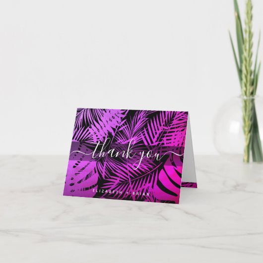 Lila, hellrosa, tropisches Palmblattskript, Monogr Dankeskarte (Vorderseite)