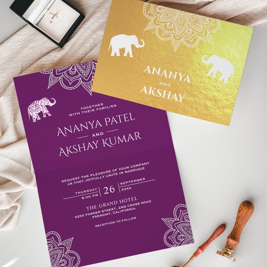 Lila Henna Elephant Indian Wedding Gold Folienkarte