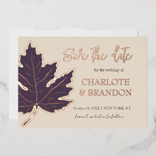 Lila Herbst-Ahornblatt Hochzeit Save The Date  Folieneinladung