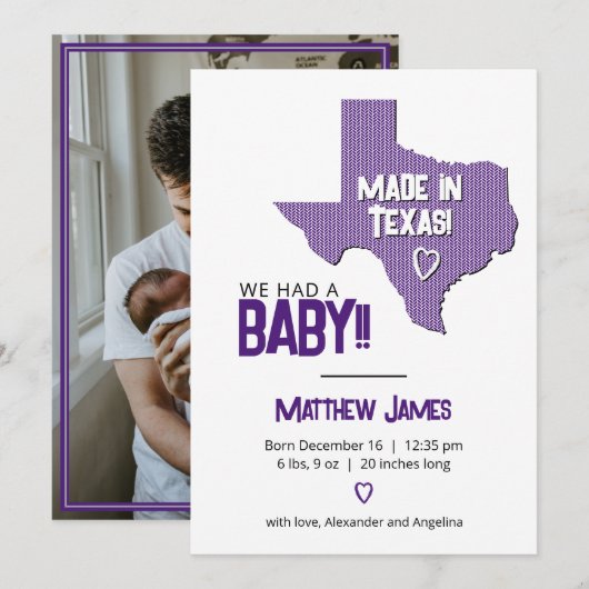 Lila Herringbone aus Texas Foto Baby Ankündigung (Vorne/Hinten)