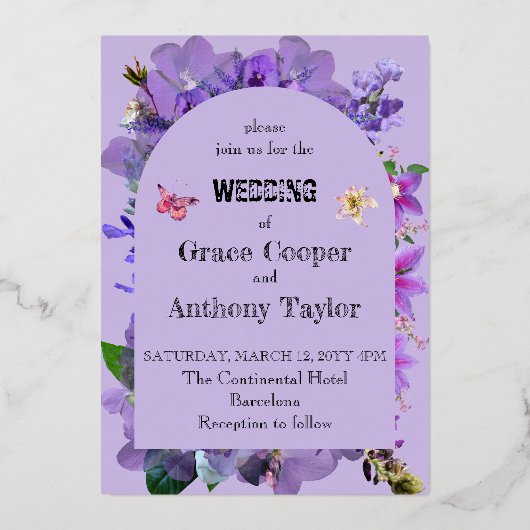 Lila Herz Folieneinladung (Vorderseite)