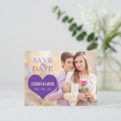 LILA HERZ-FOTO SAVE THE DATE ANKÜNDIGUNGSPOSTKARTE (Stehend Vorderseite)
