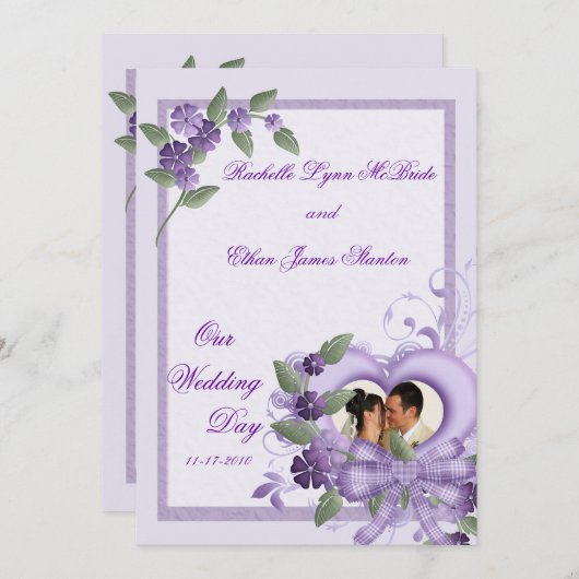 Lila Herz-Hochzeits-Foto-Einladungs-12x18 Einladung (Vorne/Hinten)