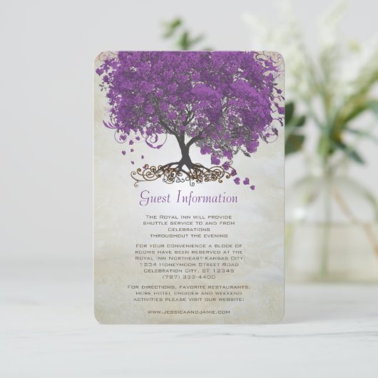 Lila Herz-Leaf Tree Hochzeitskarte Begleitkarte (Stehend Vorderseite)