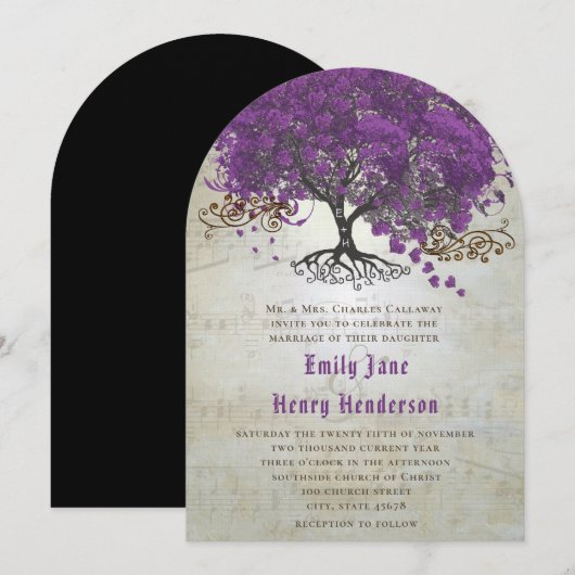 Lila Herz Leaf Tree Wedding Einladungen (Vorne/Hinten)