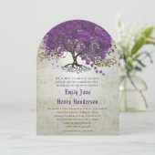 Lila Herz Leaf Tree Wedding Einladungen (Stehend Vorderseite)