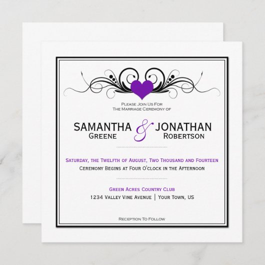 Lila Herz-Schwarz-Wirbels-weiße Einladung (Vorne/Hinten)