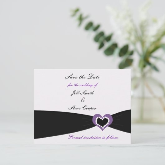 Lila Herz Schwarze Schleife Save the Date (Stehend Vorderseite)