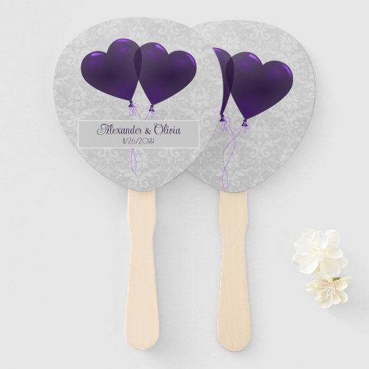 Lila Herzballon Gastgeschenk Hochzeit Handfächer (Vorne und Hinten)