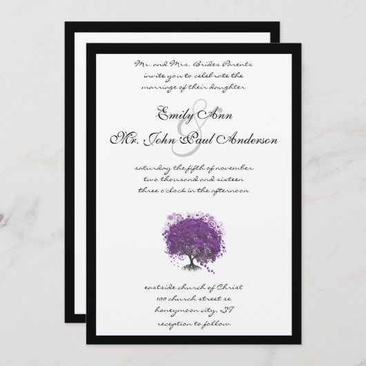 Lila Herzblatt Tree Black Border Wedite Einladung (Vorne/Hinten)