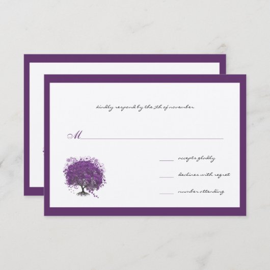 Lila Herzblatt Tree Borders Wedite Einladung (Vorne/Hinten)