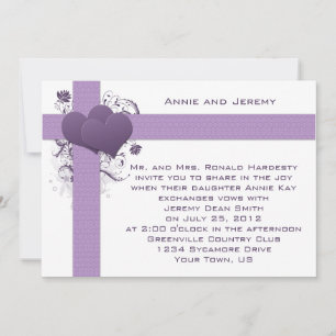 Lila Herzen auf Damaststreifen Hochzeitseinladung Einladung