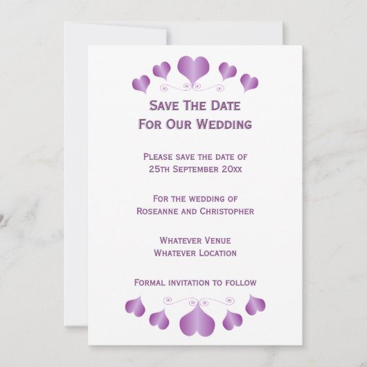 Lila Herzen Design-Hochzeit Save The Date (Vorderseite)