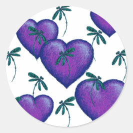 Lila Herzen und Libellen Runder Aufkleber