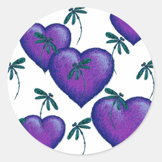 Lila Herzen und Libellen Runder Aufkleber (Vorderseite)
