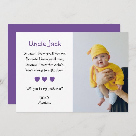 Lila Herzen werden Sie mein Pate mit Foto sein Einladung (Vorne/Hinten)