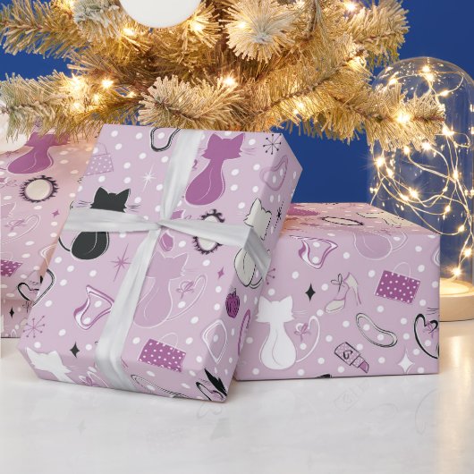 Lila Herzkatzen des mittleren Jahrhunderts Geschenkpapier (Feiertage)