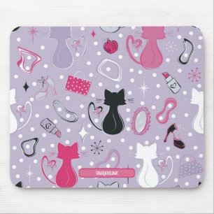 Lila Herzkatzen des mittleren Jahrhunderts Mousepad