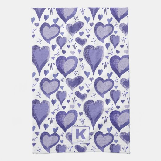 Lila Herzmuster Zeichnend Monogramm Geschirrtuch (Vertikal)