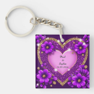Lila Herzrahmen mit Glitter und Blumen Schlüsselanhänger