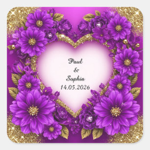 Lila Herzrahmen mit Glitzer und Blume Quadratischer Aufkleber