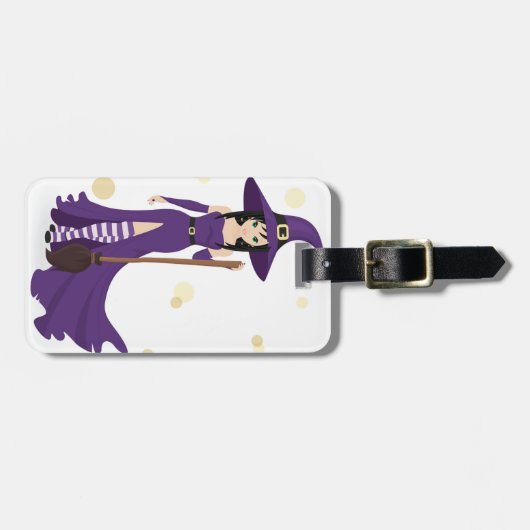 Lila Hexe mit Broom Gepäckanhänger (Vorderseite horizontal)