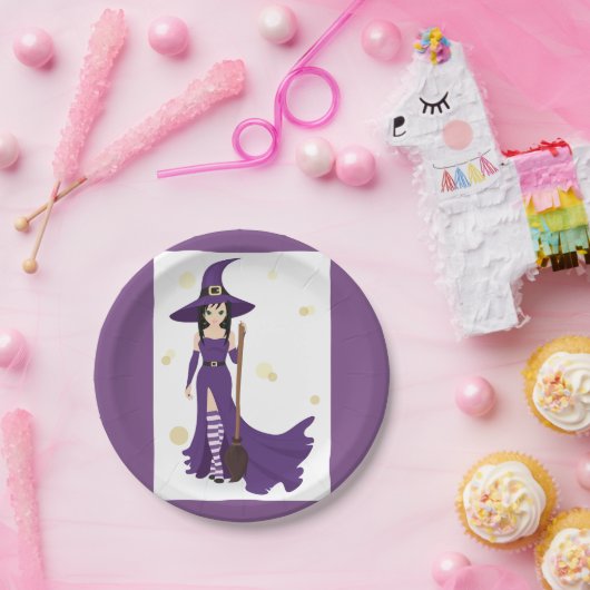 Lila Hexe mit Broom Pappteller (Party)