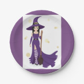 Lila Hexe mit Broom Pappteller (Vorderseite)