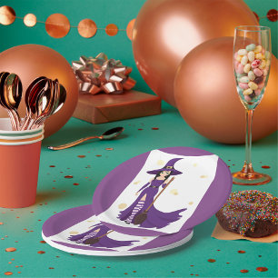 Lila Hexe mit Broom Pappteller