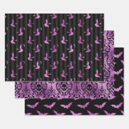 Lila Hexe, Totenkopf und Fledermaus Halloween-Must Geschenkpapier Set