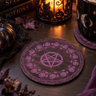 Lila Hexen-Pentagramm-Rose-Gotisch Runder Pappuntersetzer
