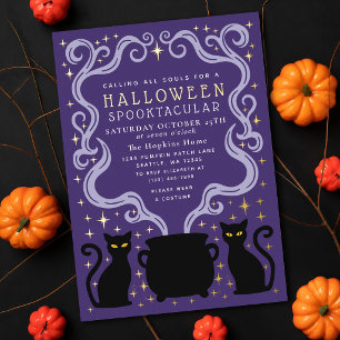Lila Hexen-Schwarze-Katze-Kessel-Halloween-Party Folieneinladung