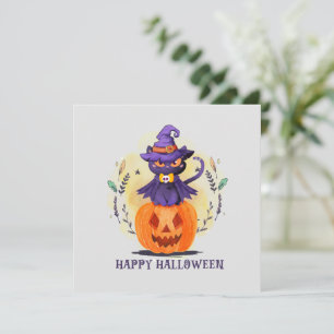 Lila Hexenkatze auf Kürbis - glückliches Halloween